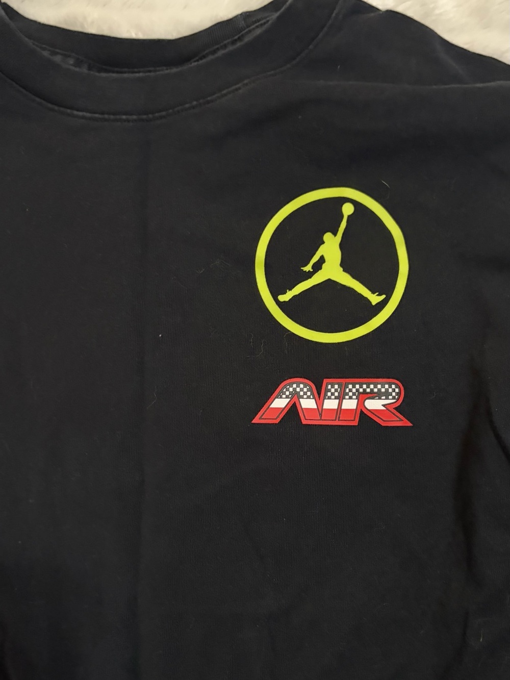 Jordan Mens’ Black Tee with Neon Yellow Jumpman and Red AIR Logo
